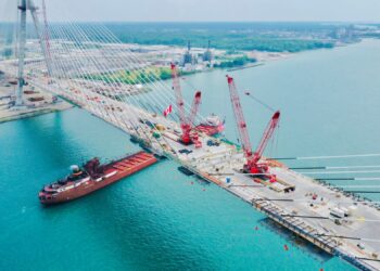 Workers will now stress stay cables (image courtesy Windsor-Detroit Bridge Authority - WDBA
