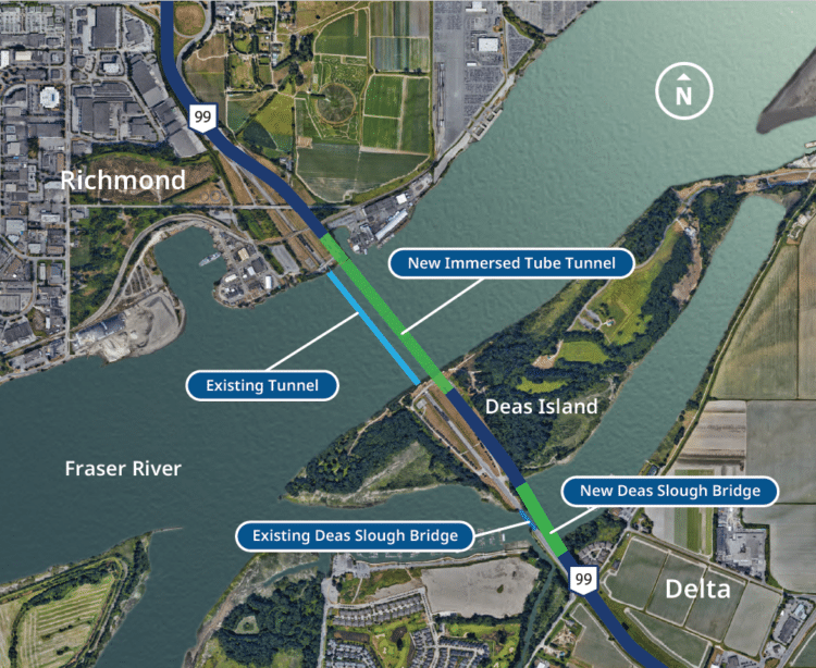The new tunnel will be built parallel to and just upstream from the existing 629m-long four-lane Massey Tunnel that was opened in 1959 (conceptual drawing courtesy of BC Government)