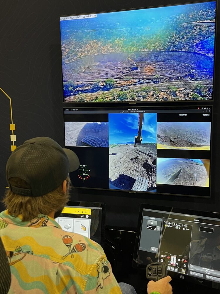 The Cat Command remote control system uses technology developed in partnership with Trimble, demonstrated here with a machine running at Cat’s Tinaja Hills proving ground but being operated in Las Vegas