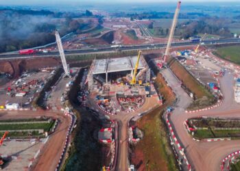 A new box-shaped concrete structure will be slid under the A 46 bypass when complete