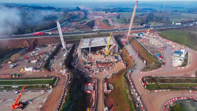 A new box-shaped concrete structure will be slid under the A 46 bypass when complete