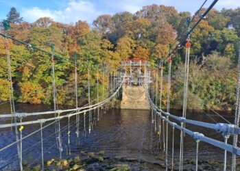 Whorlton Bridge - one of the UK’s oldest road suspension bridges and with a timber deck supported by original iron chains – had to be completely dismantled and all components inspected, shotblasted, tested and repainted (image courtesy Maybe Hire)