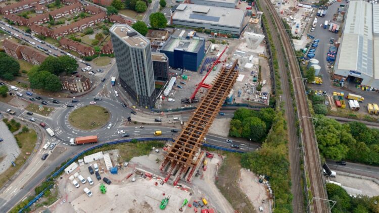 A steel bridge weighing over 1,600tonnes has been moved into place in Birmingham in the UK – image courtesy of HS2