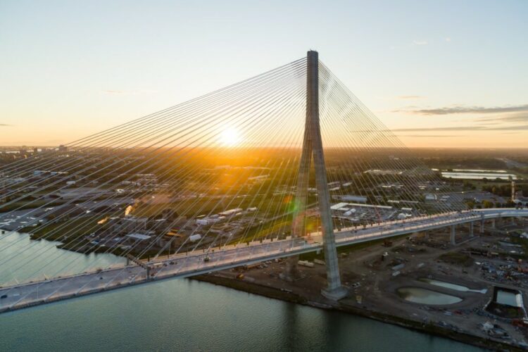Work crews recently completed installation of 5,000 white energy-efficient LED lights along the bridge deck of the Gordie Howe International bridge between Detroit in the US and Windsor, Canada (image courtesy of WDBA)