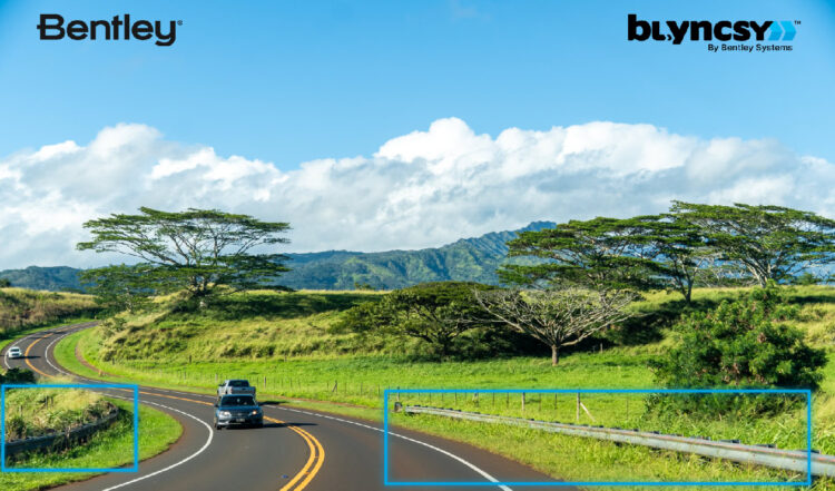 Bentley’s Blyncsy analytics solution collects high-resolution dash camera imagery from state roads to help identify road hazards more quickly, including guardrail damage and vegetation encroachment (image courtesy of Bentley Systems)