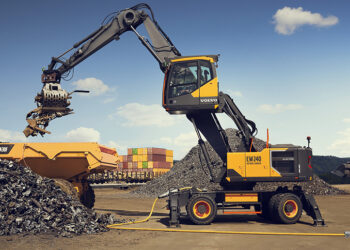 The Volvo CE EW240 Electric Material Handler connects directly to the grid via a cable, enabling continuous operation