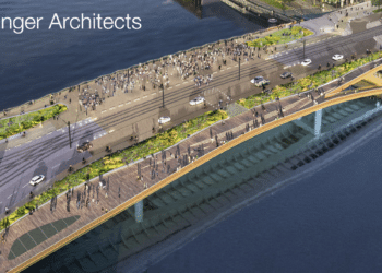 The new structure will have a park-like area of nearly 1,800m² of green space, walkways and viewpoints (image © Gaël Arnaud/Dietmar Feichtinger Architects)
