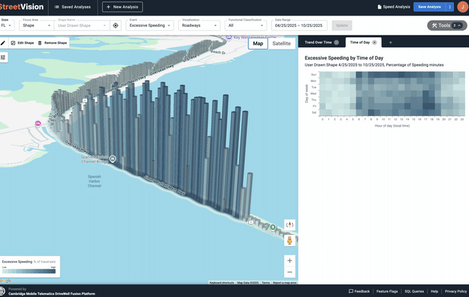 StreetVision uses AI and behavioural analytics to reveal risky driving hotspots before crashes happen, allowing road agencies to prioritise projects and select countermeasures (image courtesy Cambridge Mobile Telematics, CMT)