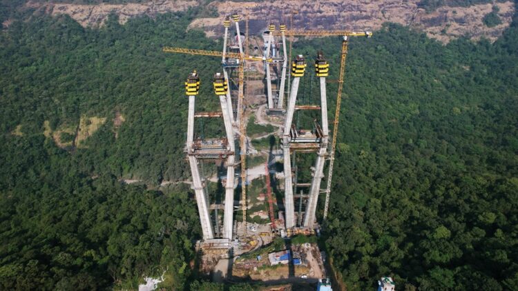 The new bridge for India’s Missing Link on the Mumbai-Pune Expressway (shown here under construction) is now opening to traffic – image courtesy of Doka