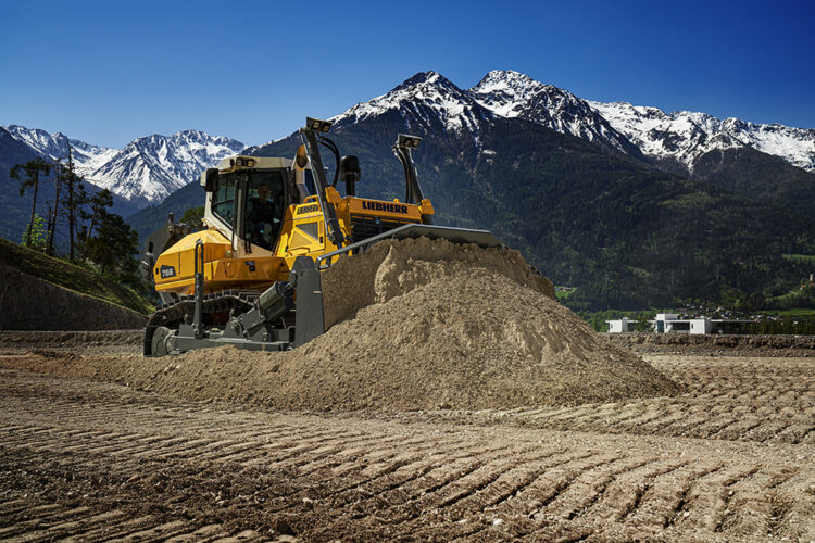 The PR 756 crawler dozer at work on a road construction site, pushing and grading material with precision and efficiency