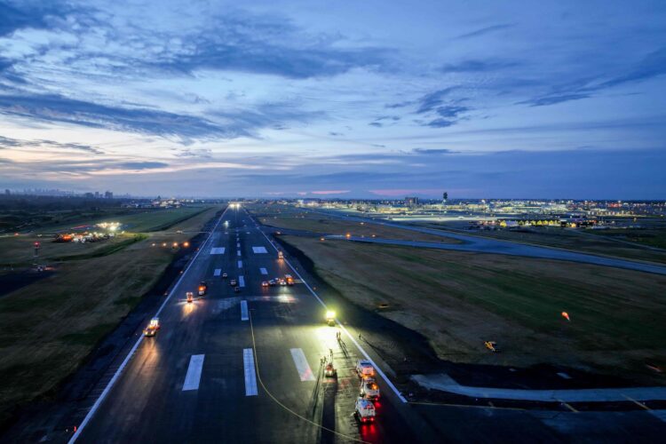 By sunrise every day, crews returned the runway to service with its surface, line painting and lights ready to safely accommodate the day’s flights schedule; an overnight window that shaped every aspect of the project (Image: Amrize)