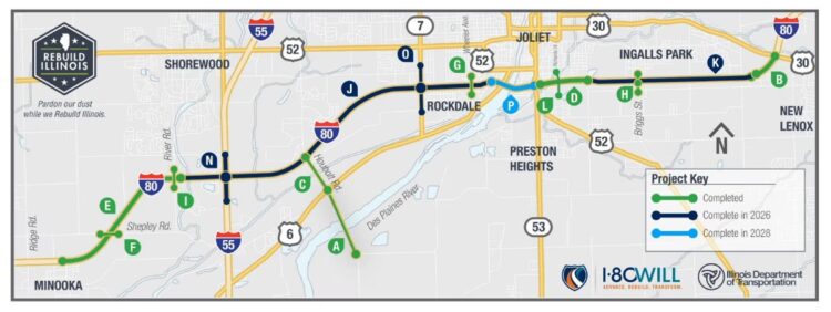 Work is now underway for the I-80 bridge replacement project spanning the Des Plaines River at Joliet – (image – Illinois Department of Transportation)