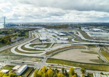 The 148-acre US port of entry just outside Detroit city centre, with the US ramp onto the bridge, seen in the upper left corner (Image: Windsor-Detroit Bridge Authority - WDBA)