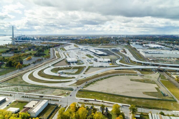 The 148-acre US port of entry just outside Detroit city centre, with the US ramp onto the bridge, seen in the upper left corner (Image: Windsor-Detroit Bridge Authority - WDBA)